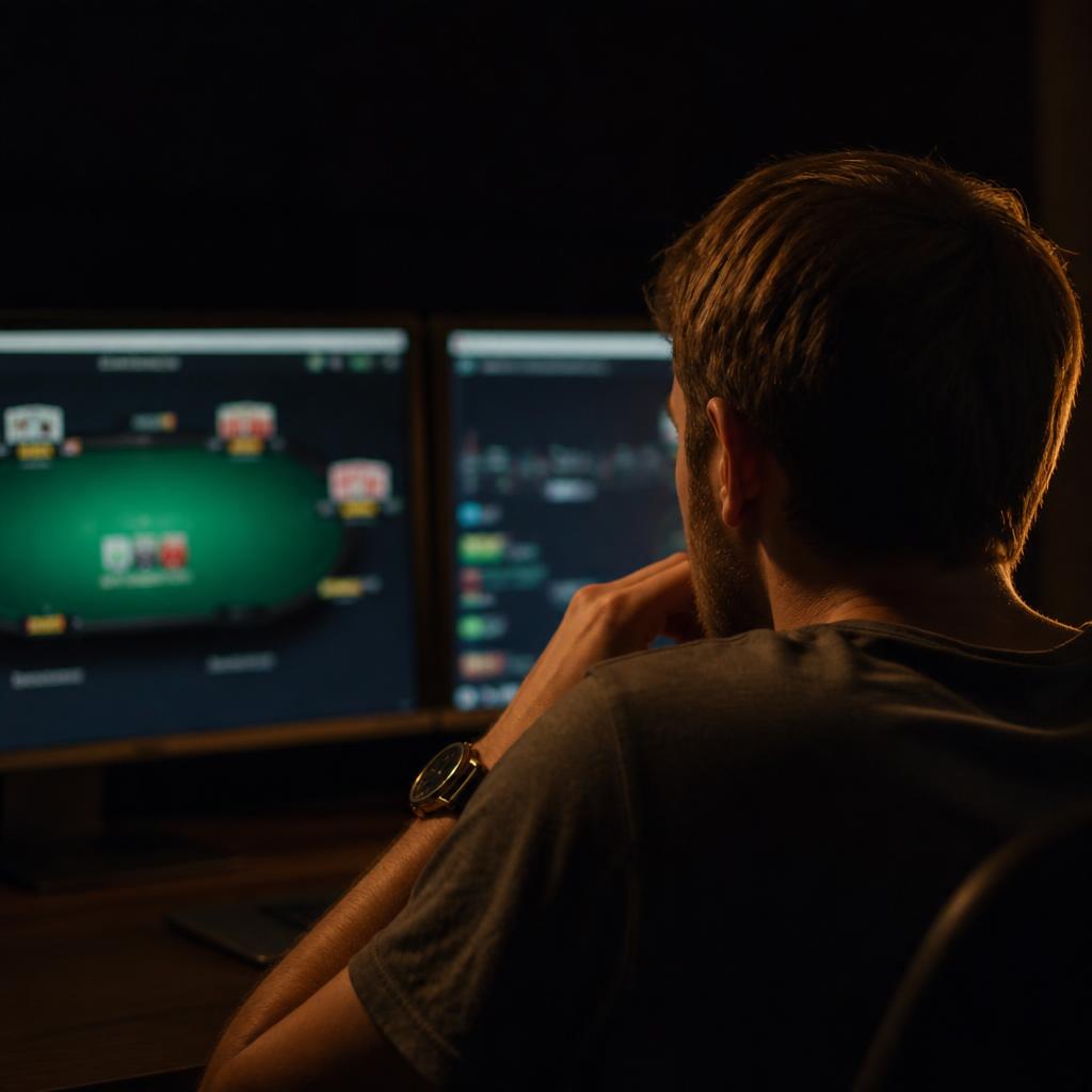 Jogador estudando poker em frente a dois monitores